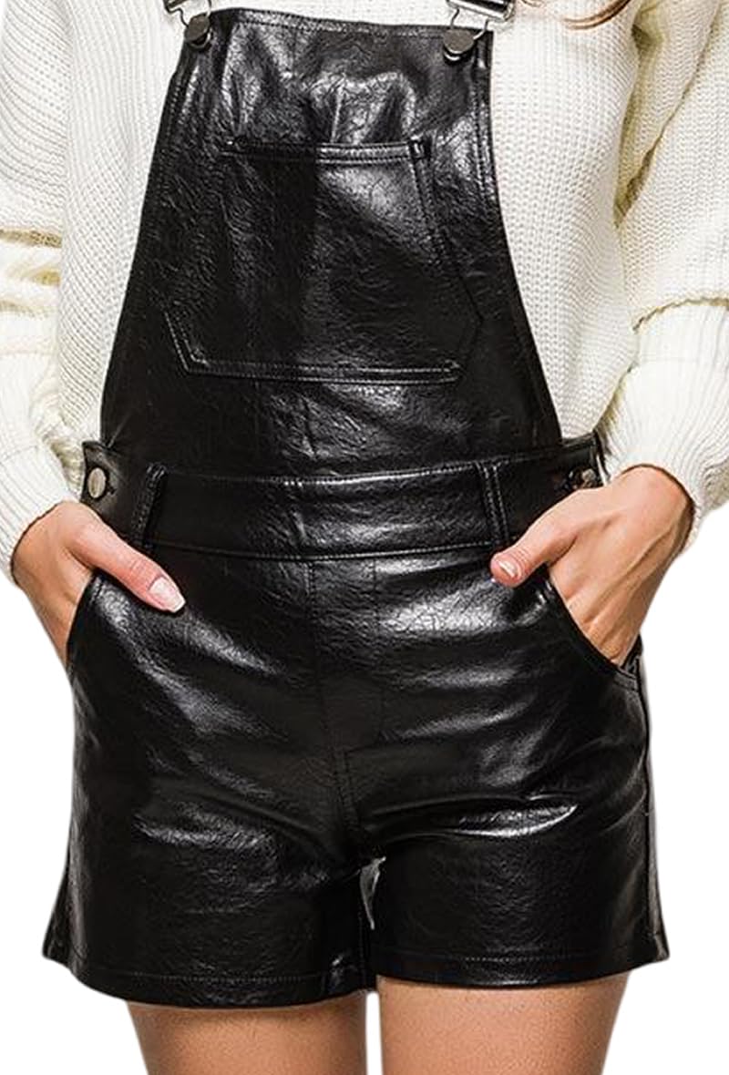 Damen Hot Pants Latzhose Hotpants Shorts Capri Kurze Hose Latzshorts Kunstleder