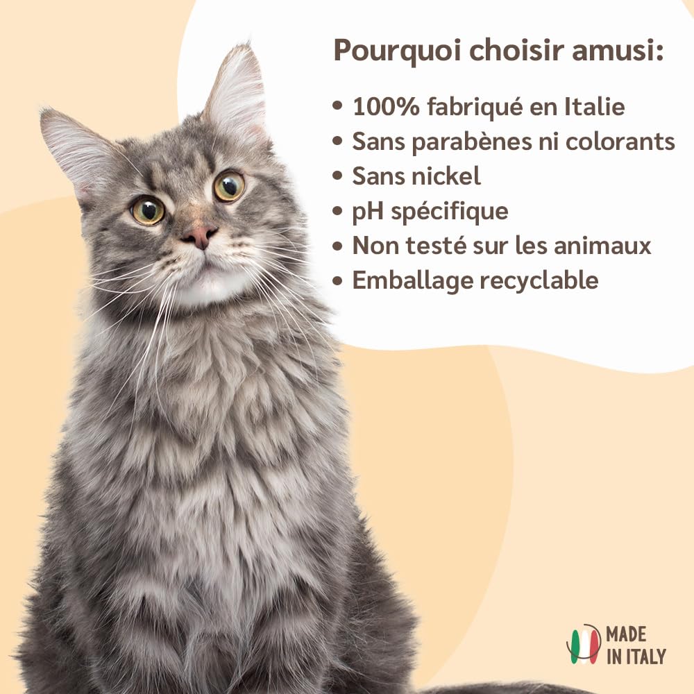 amusi Spray Démêlant Poil Chat 250 ML – Demelant Chat Poils Longs sans Rinçage Naturel & Végétalien - Pelage Doux, Brillant et Léger – Made in Italy