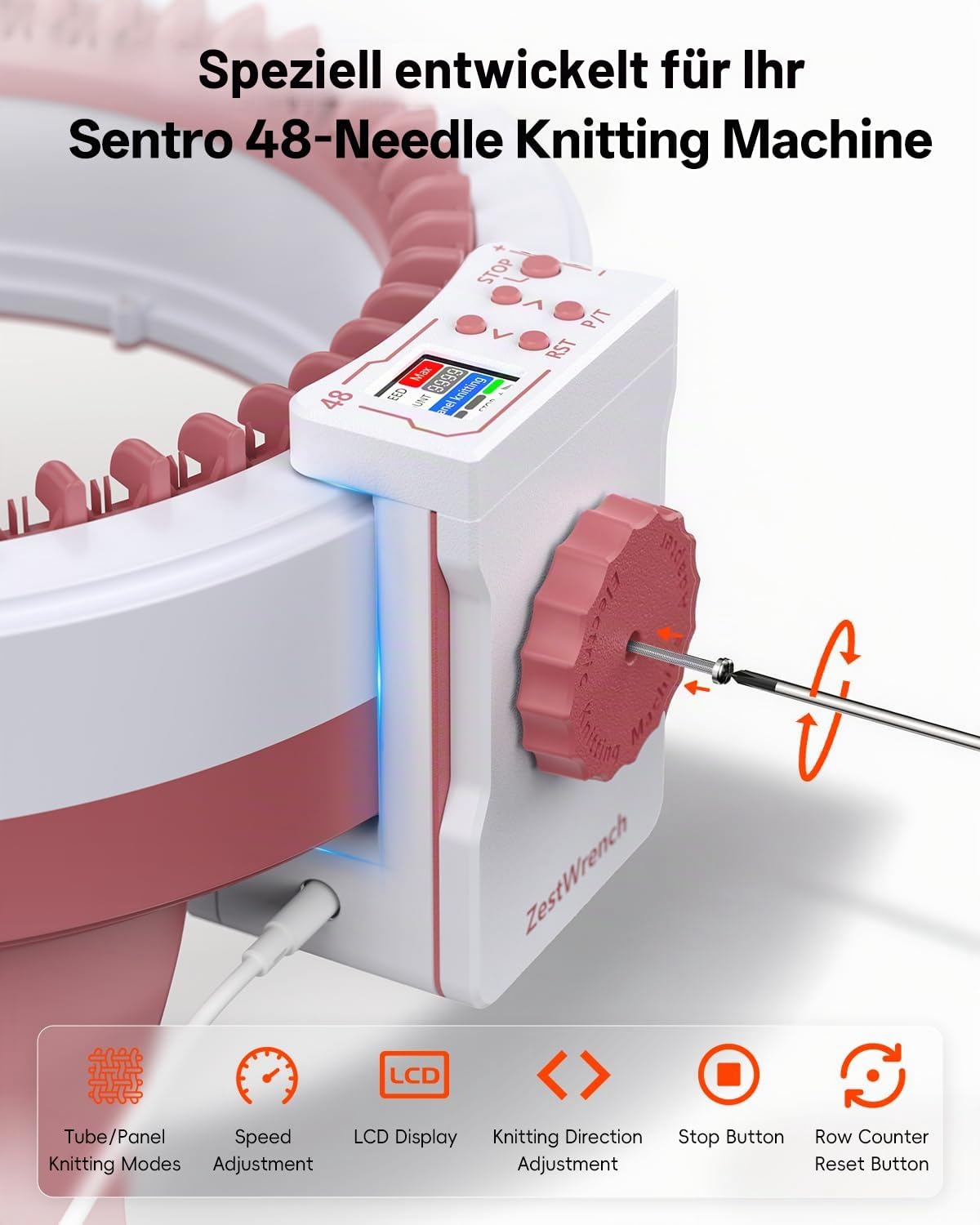 [2025 Upgrade] ZestWrench Elektrische Strickmaschine Adapter für Sentro Strickmaschine 48 Nadeln, Automatisches Strickmaschinenzubehör mit LCD-Panel & Reihenzähler, Flach-/Rundstrickmodi