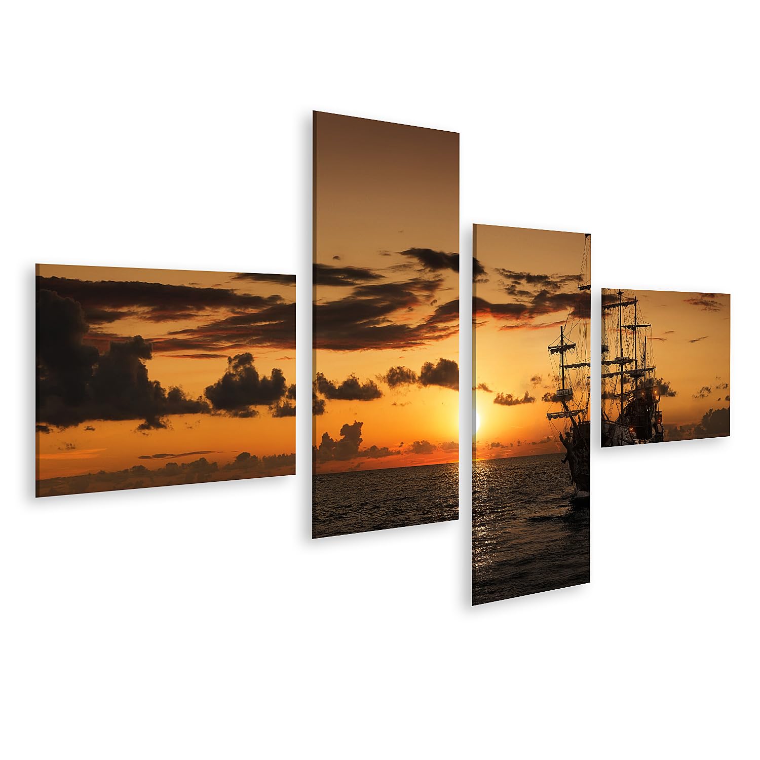 islandburner Bild auf Leinwand Segelschiff im Sonnenuntergang am weiten Meer Bilder Wandbilder 150x80cm