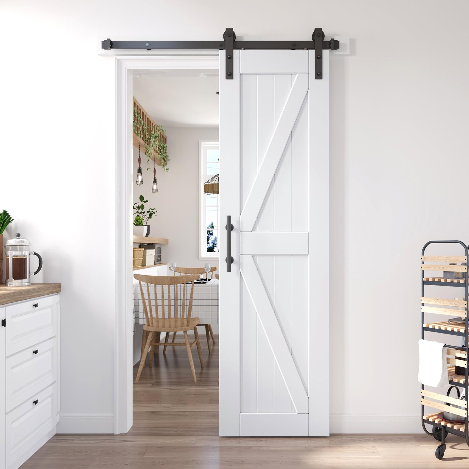 EaseLife 24in x 84in Sliding Barn Door with 4 FT Barn Door Hardware Track Kit Included,Solid LVL Wood Slab Covered with Water-Proof & Scratch-Resistant PVC Surface,DIY Assembly,Easy Install,White
