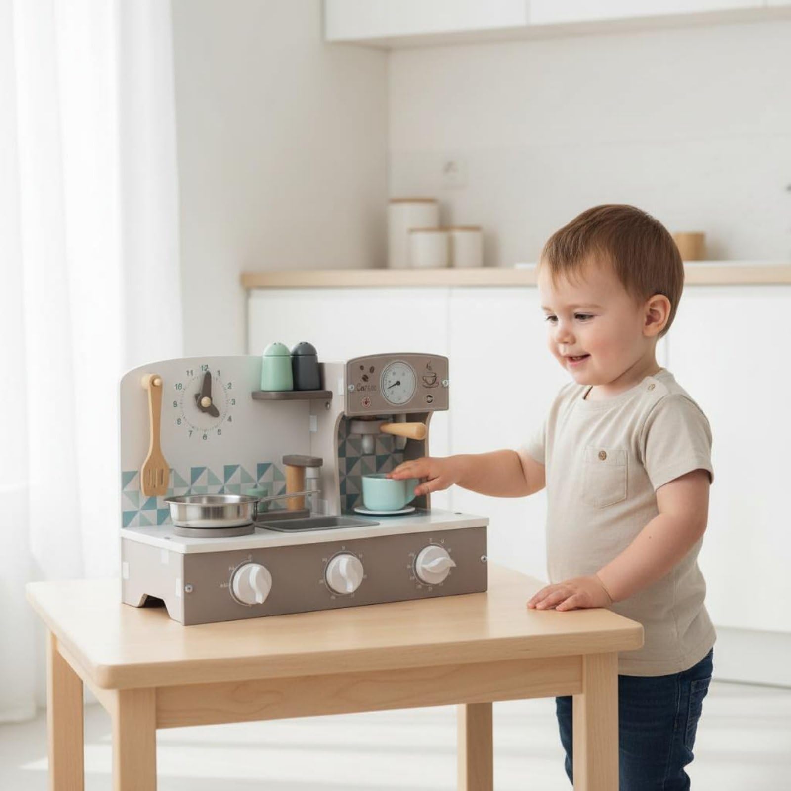 Children Play Kitchen Cocina de rol Cafetera de Juguete de Repostería Reloj Lúdico Tablero Estable de Madera y Metal Adecuado para Niños 4–6 Años Actividades en Casa Preescolar