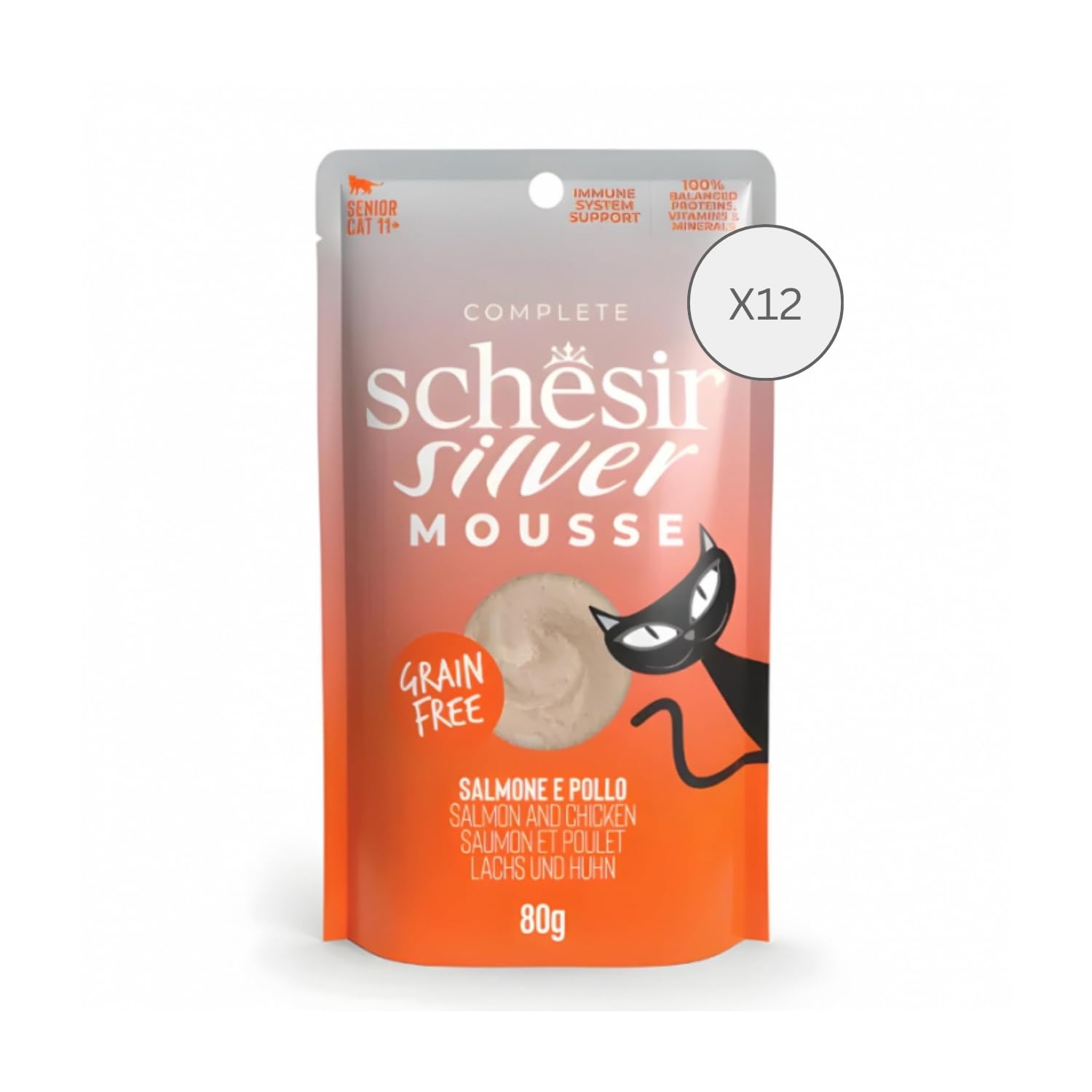 Schesir Silver, Salmón y Pollo En Mousse, Alimento Húmedo Completo para Gatos Mayores, Sin Cereales, Apoya El Sistema Inmunitario, Rico En Hidratación, 12 X 80g (Paquete de 3)