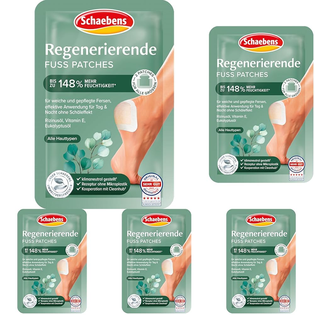 Schaebens Regenerierende Fuß Patches mit Rizinusöl, Vitamin E und Eukalyptus für alle Hauttypen - schöne Fersen - 2 Patches für eine Anwendung. (Packung mit 5)