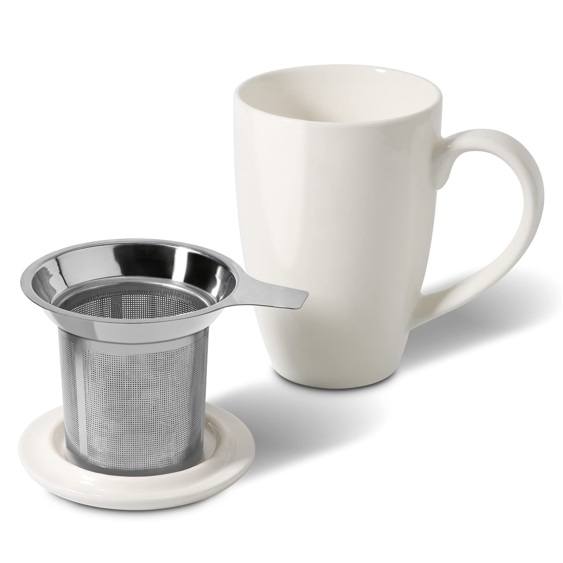 ComSaf Taza de té de cerámica con infusor y tapa, taza de porcelana grande de 16 onzas con filtro de té para hojas sueltas de té/bolsa de té, taza de té para oficina, hogar, color blanco