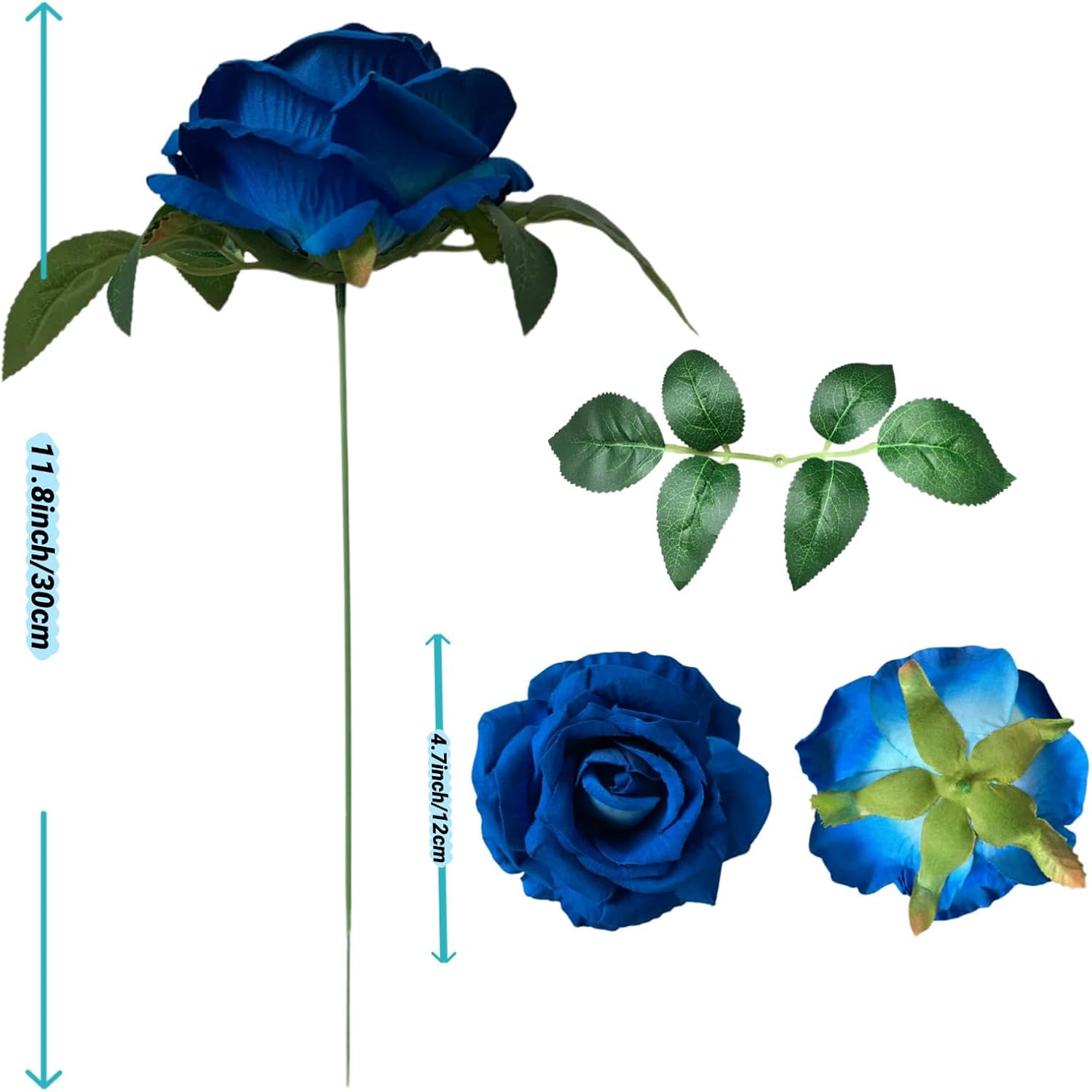 18PCS Blue Velvet Rose Fake Flower Heads Artificial Faux Flower Heads for Craft 4.3 Inch Fake Roses for Bridal Bouquet Bulk Cake Cup Cap Decoration Floral Arrangements