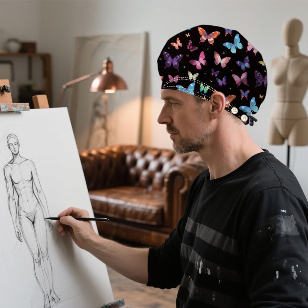 2Pcs Scrub Caps with 4 Buttons Adjustable Nursing Working Caps With Button Sweatband Bouffant for Women Men Doctor - Image 6