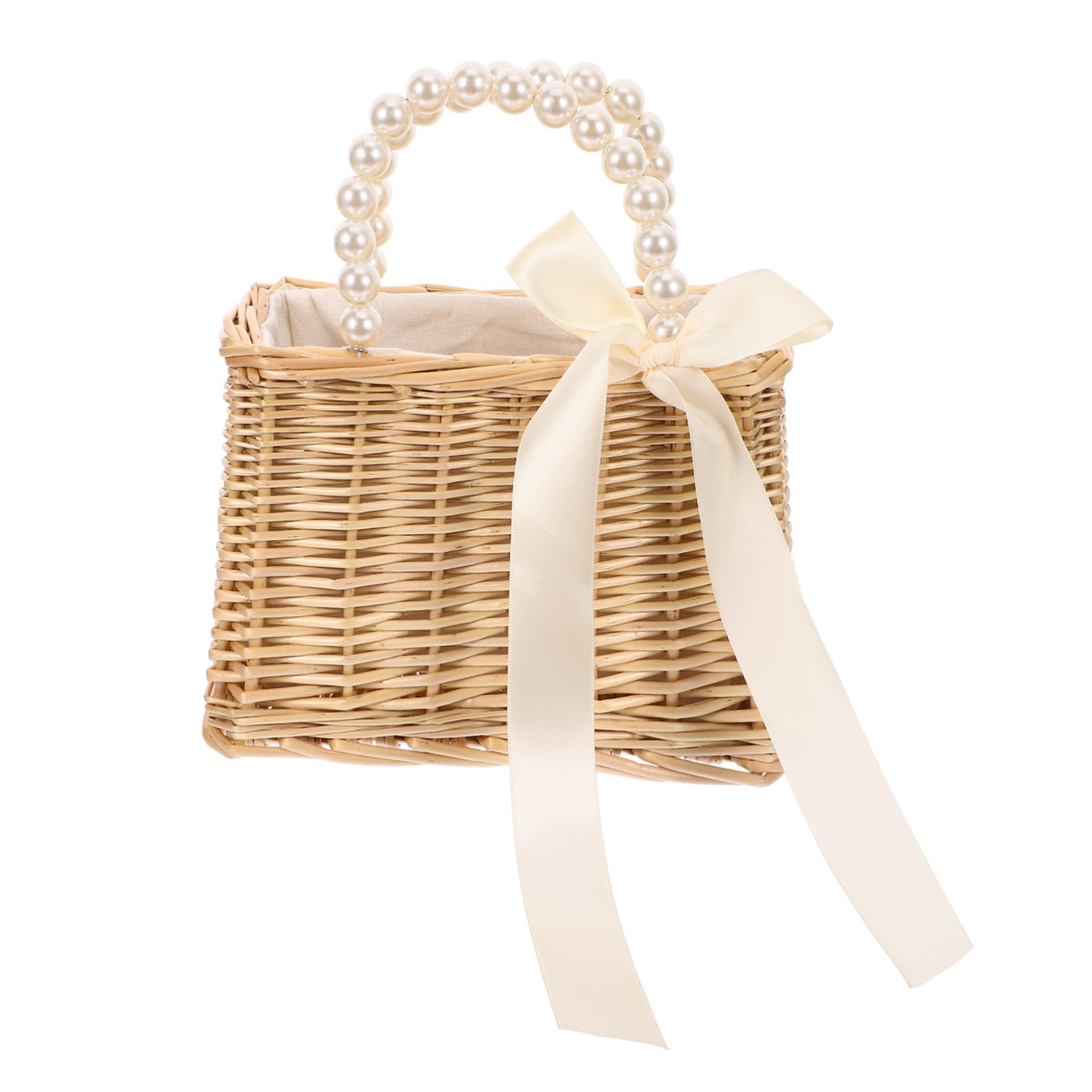 SHERCHPRY Female Straw Pearl Bag Tote Handbag Beaded Purse Straw Pearl Tote Bag for Beach and Vacation