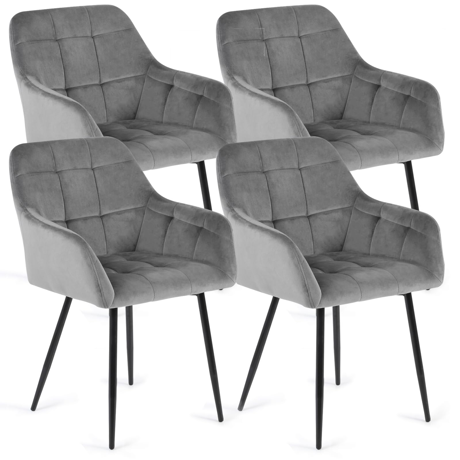 Sillas de comedor Juego de 4 Sillas de cocina: Terciopelo Sillas de comedor Silla tapizada Moderna con reposabrazos y patas de metal - Cómodas sillas de comedor acolchadas (gris-4)
