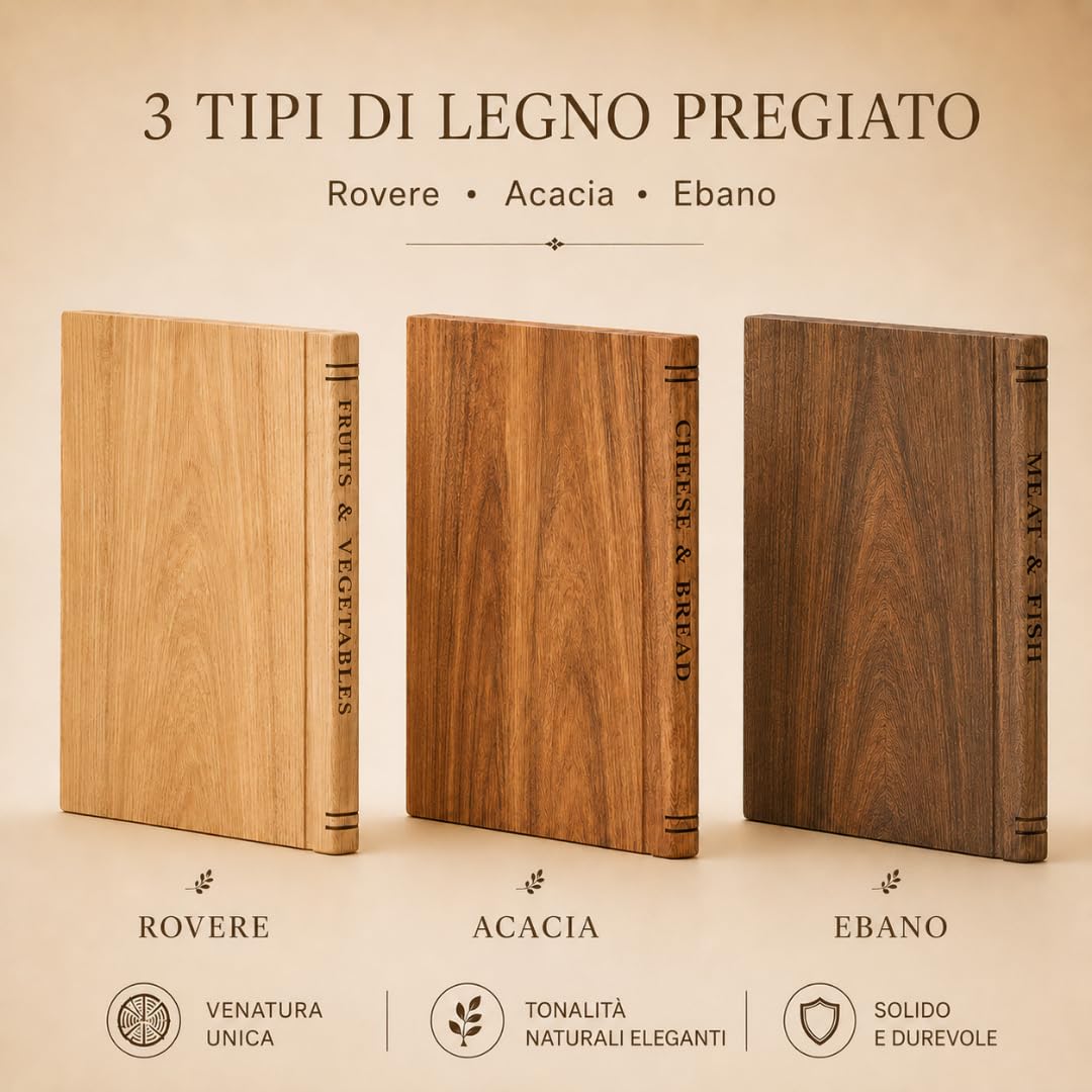 Set Taglieri da Cucina in Legno con Supporto – 3 Taglieri in Rovere, Acacia ed Ebano – Tagliere Legno Massello per Cucina con canalina – Senza Plastica, Design Salvaspazio in Stile Libreria