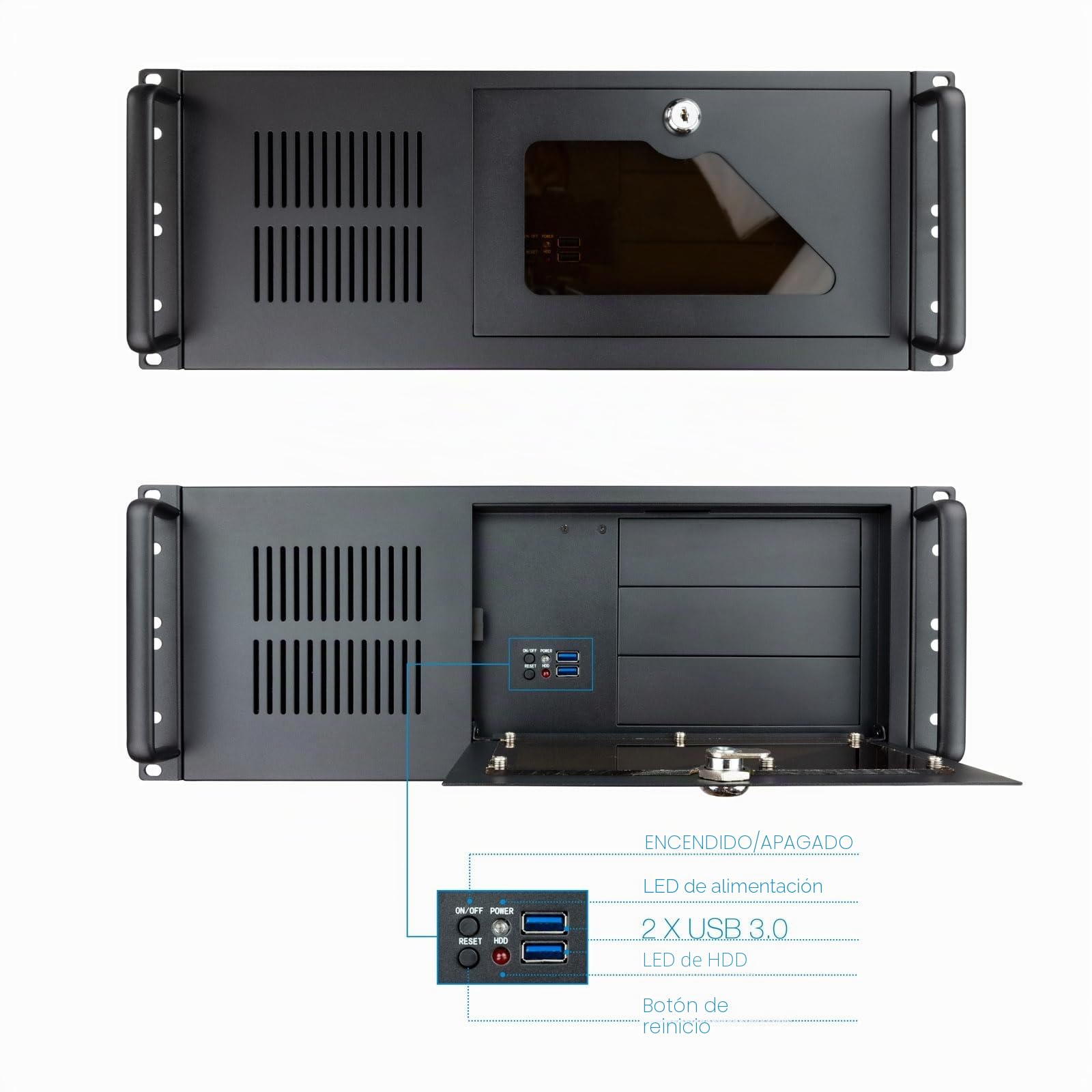 Caja IPC Rack 406N 4U 19" ATX - 2x5.25 externas, 1x3.5 Externa, 8x3.5 internas, USB - Ideal para servidores y Almacenamiento en Red.