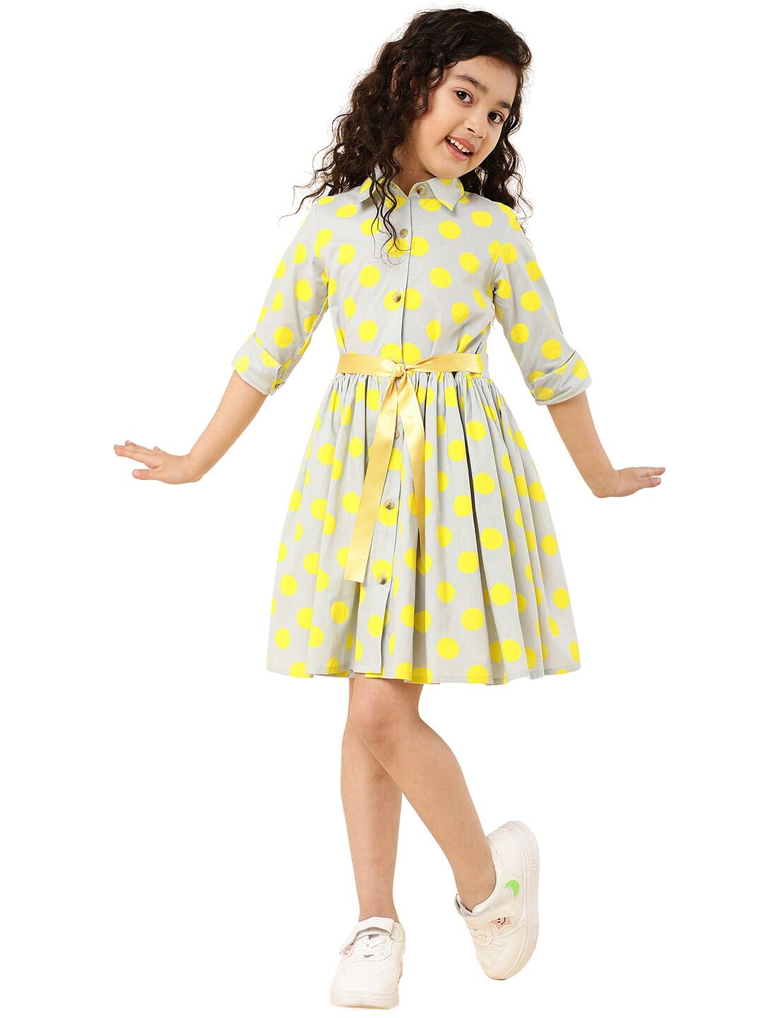 A.T.U.N. (ALL THINGS UBER NICE)Girls Off White Polka Dot Cotton Knee Length Shirt Dress | Full Sleeve Collar Neck Dress