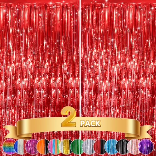 Image of GCB 2 Pack Red Tinsel Backdrop, Fringe Curtains, Red Foil Tinsel Party Streamer Backdrop Curtains for Valentines Day, Wedding Photo Backdrop Party Decorations for Wedding Anniversaries Bridal Shower
