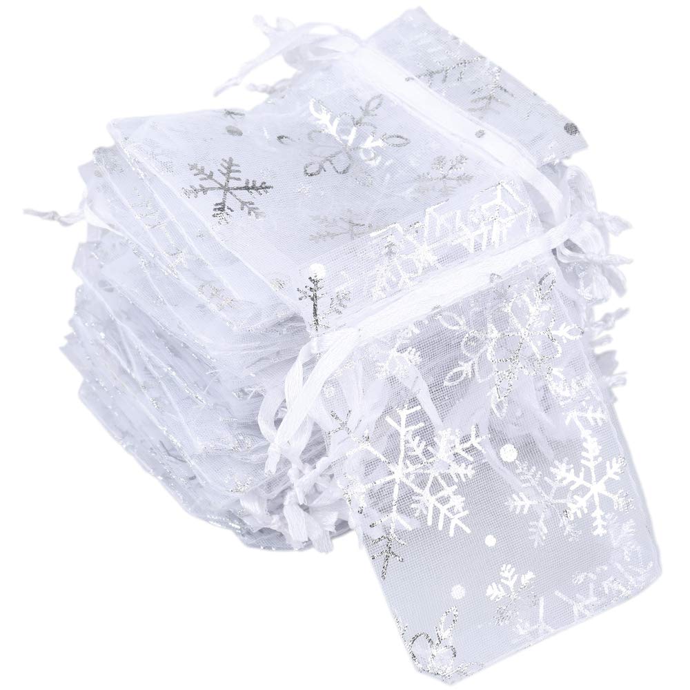 jijAcraftjijAcraft Christmas Organza Bags, 100Pcs White Organza Gift Bags, 7 x 9 mas Snowflake Organza Bags with Drawstring, Small Christmas Favour Bags for Presents, Jewelry Pouch Bags