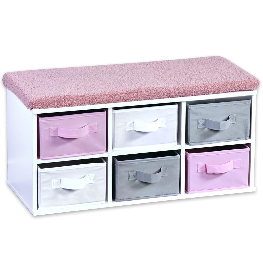 Kesper | Banc pour Enfants avec Coussin d'assise, matériau : Panneau de Fibres certifié FSC, Dimensions : 68 x 29,5 cm, Hauteur : 33 cm, Couleur : Blanc, Gris, Rose | 17739 13