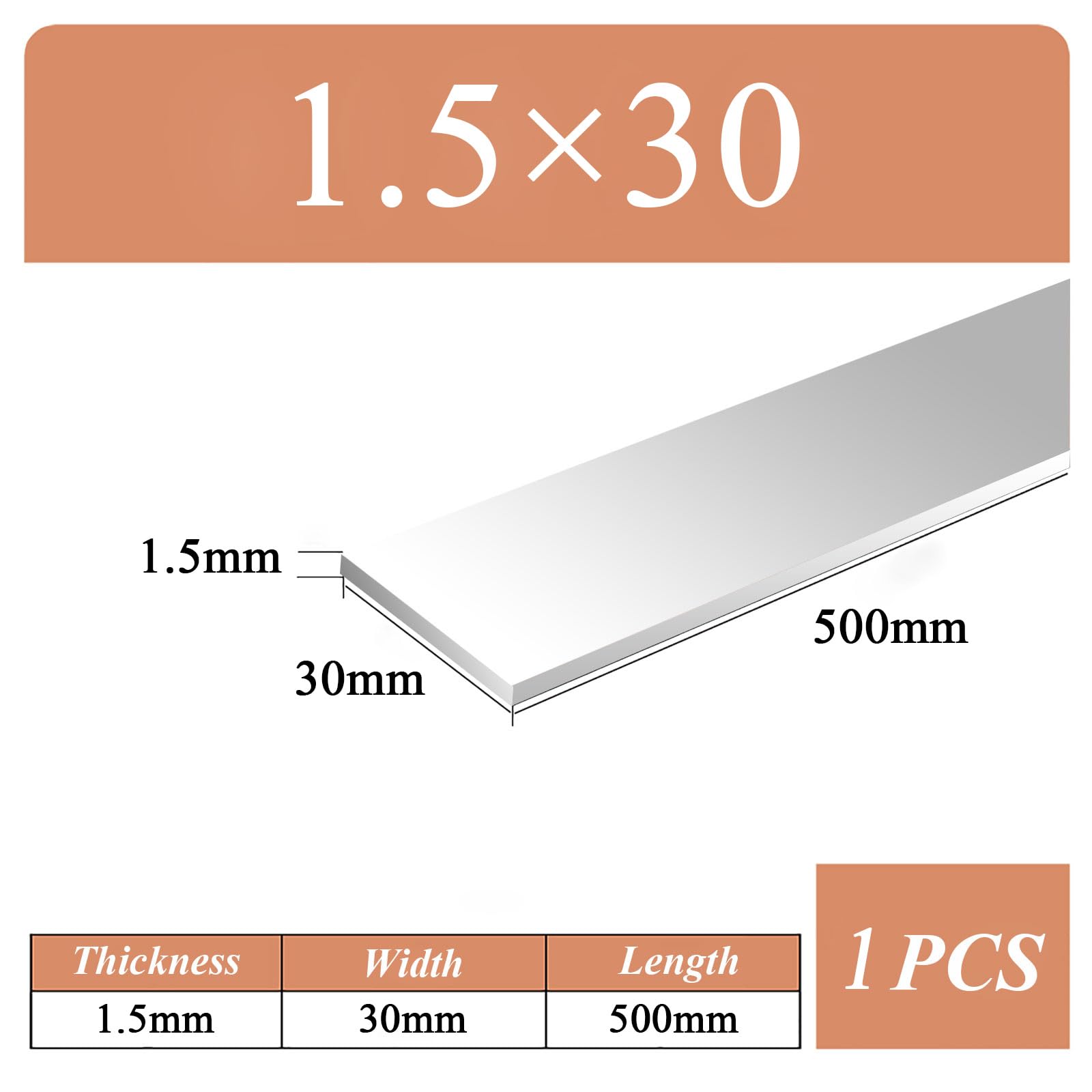 COYOUCO Square Aluminum Flat Bar, 1-3 Mm Thick, 500 Mm Length 6061 Aluminum Flat Plate, Solid Metal Stock for Industrial Building,1.5 * 30mm