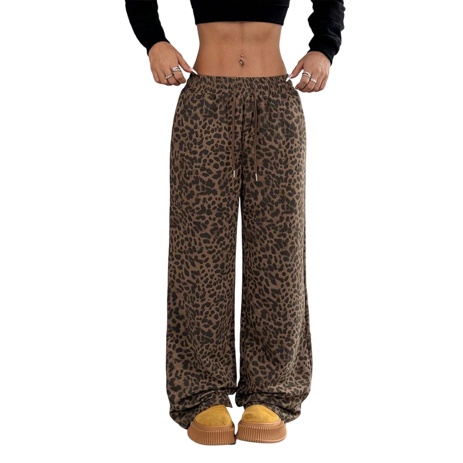 Womens Leopard Print Pants Plaid Straight Leg Elastic Waist Y2K Trousers Wide Leg Gingham Bottoms with Pockets