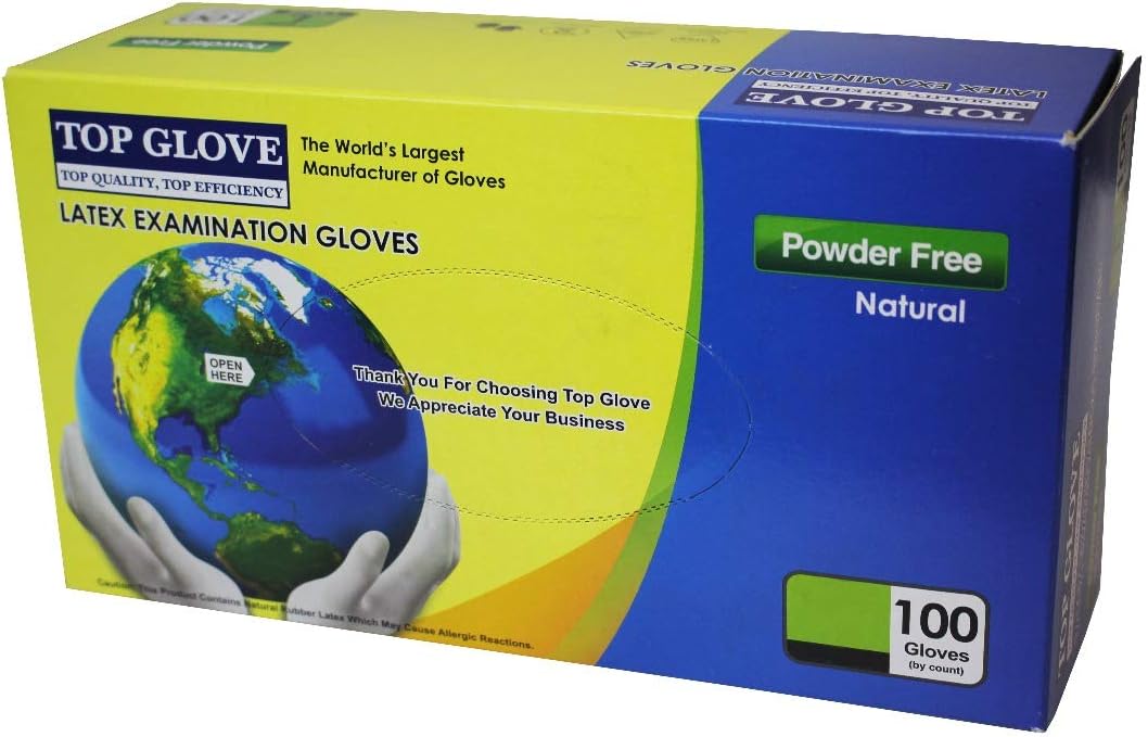 Top Glove Powder Free Disposable Latex Gloves - AQL 1.5 - Box of 100 (Large)