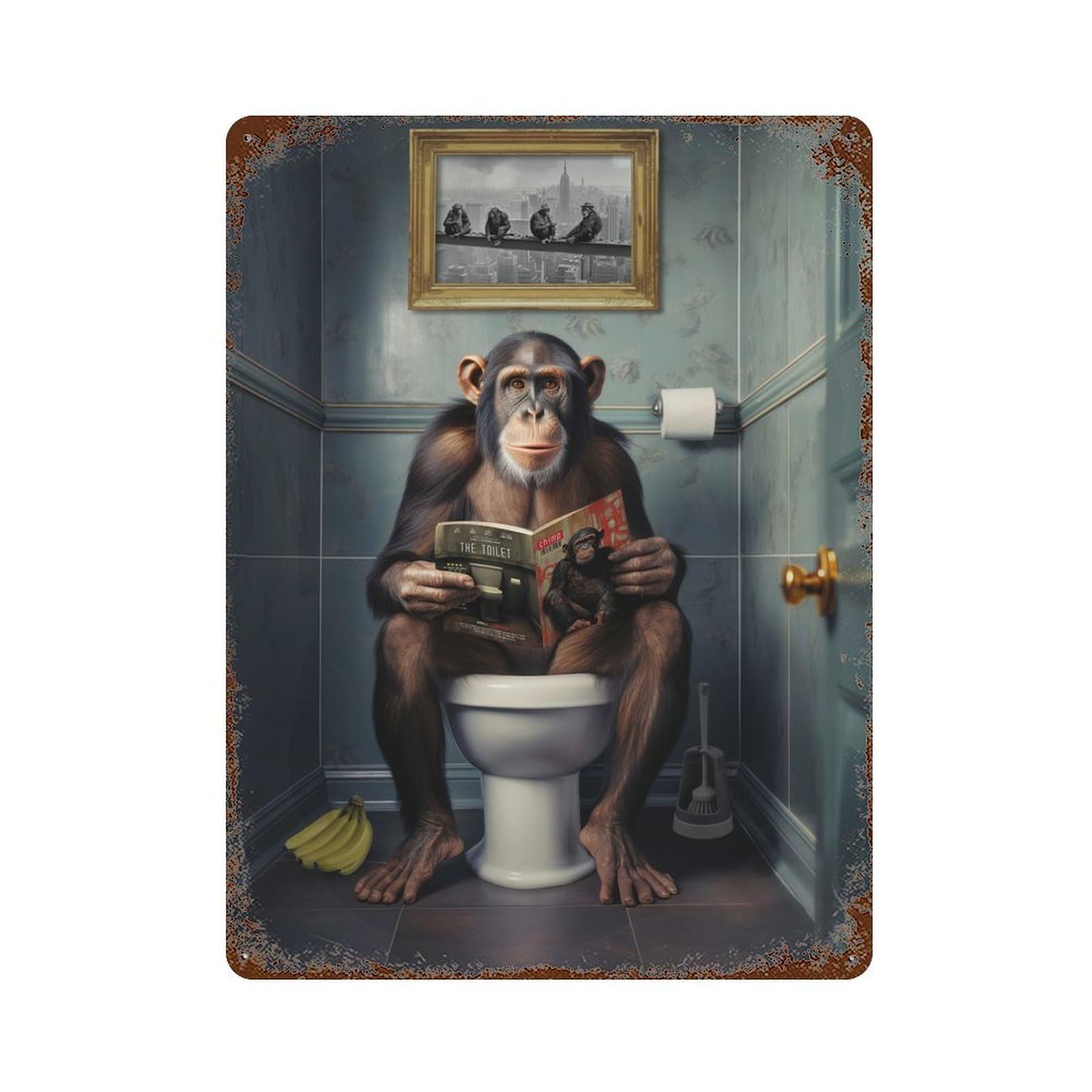 Monkey on The Toilet Retro Metal Sign 15.7"x11.8", Classic Wall Plaque for Garage, Pub Or Kitchen