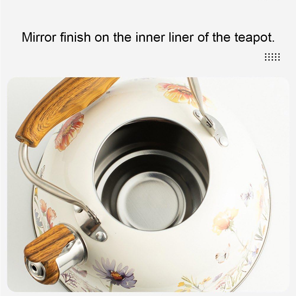 Bouilloire Sifflante 3l À Motif Floral avec Poignée Anti-brûlure, Style Vintage, Compatible avec Les Plaques De Cuisson À Gaz À Induction.