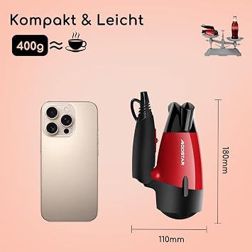 Travel Hair Dryer 115 V + 230 V Double Voltage Perfect for Travel 1400 W Red