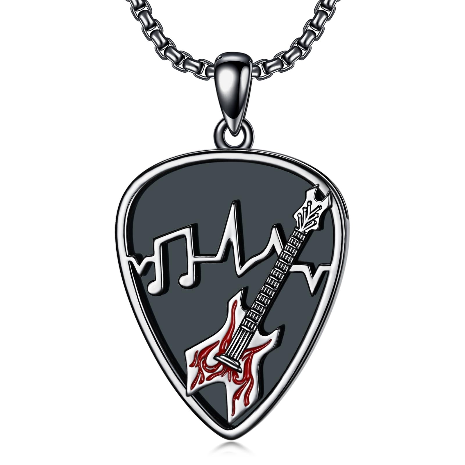 Dorunmo Black Guitar Pick Holder Necklace Sterling Silver Soundwave Guitar Pick Pendant Holder Guitar with Music Note Pendant Jewelry Musicians for Guitar Lovers Music Lovers