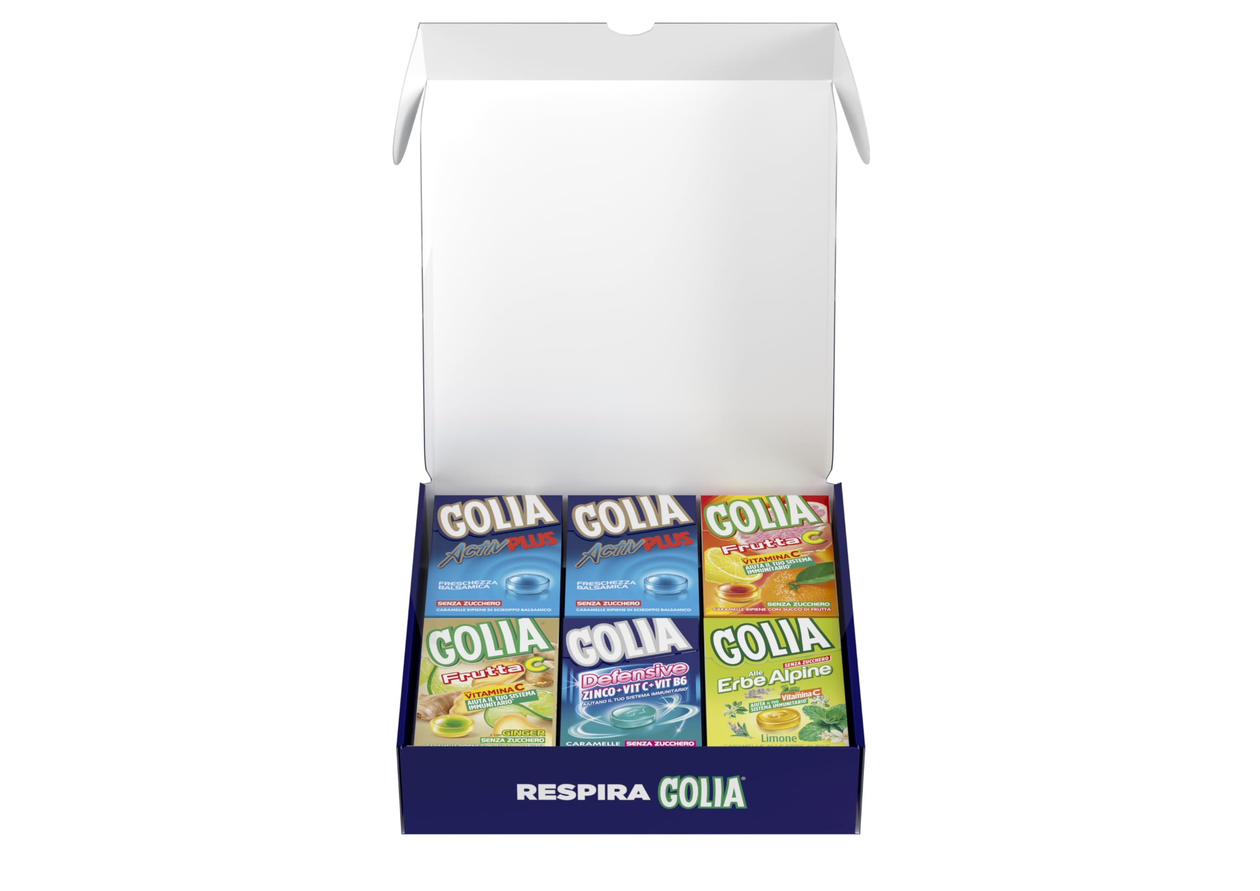 Golia Winter Box, Confezione Speciale da 12 Astucci Misti di Caramelle Dure, Gusto Menta, Frutta C, Defensive, Erbe Alpine, Senza Zucchero e Glutine, Fonte di Vitamine e Zinco, Ideale come Regalo