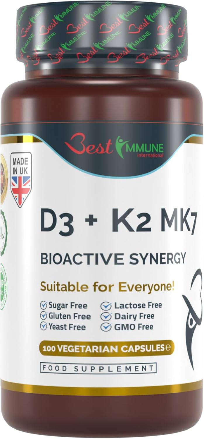 Natuurlijke Vitamine D3 2000IU + K2 MK7 100mcg Premiumkwaliteit 100 Capsules Weerstandsversterking Maximale Opname Premiumkwaliteit