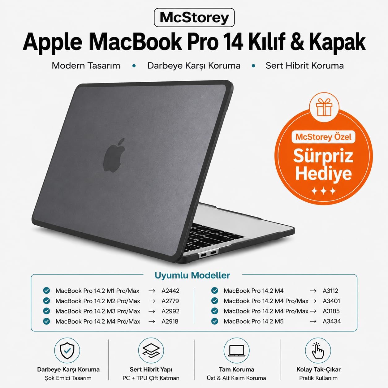 McStorey MacBook Pro 14.2 İnç Kılıf A2442 A2779 A2918 A2992 A3112 A3401 A3185 A3434 A3426 A3427 Uyumlu Shockproof Rugged Hard Case TPU Bumper Darbe Korumalı Hibrit Sert Kapak Siyah