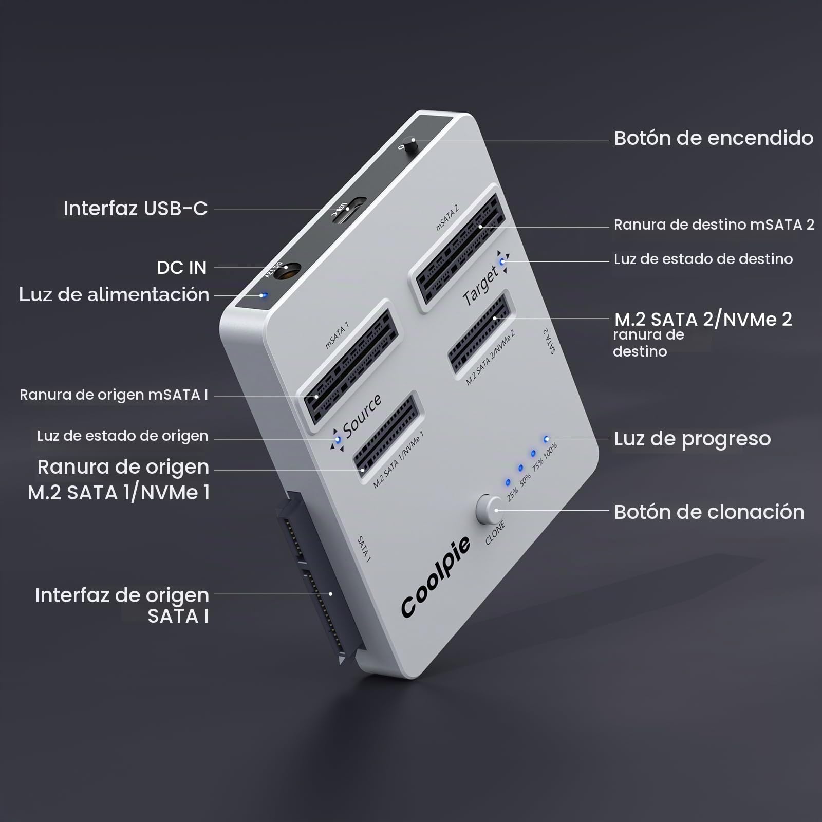 Coolpie Duplicador NVMe/SATA 3 en 1: USB 3.2 Gen 2x2, Aluminio, Plateado