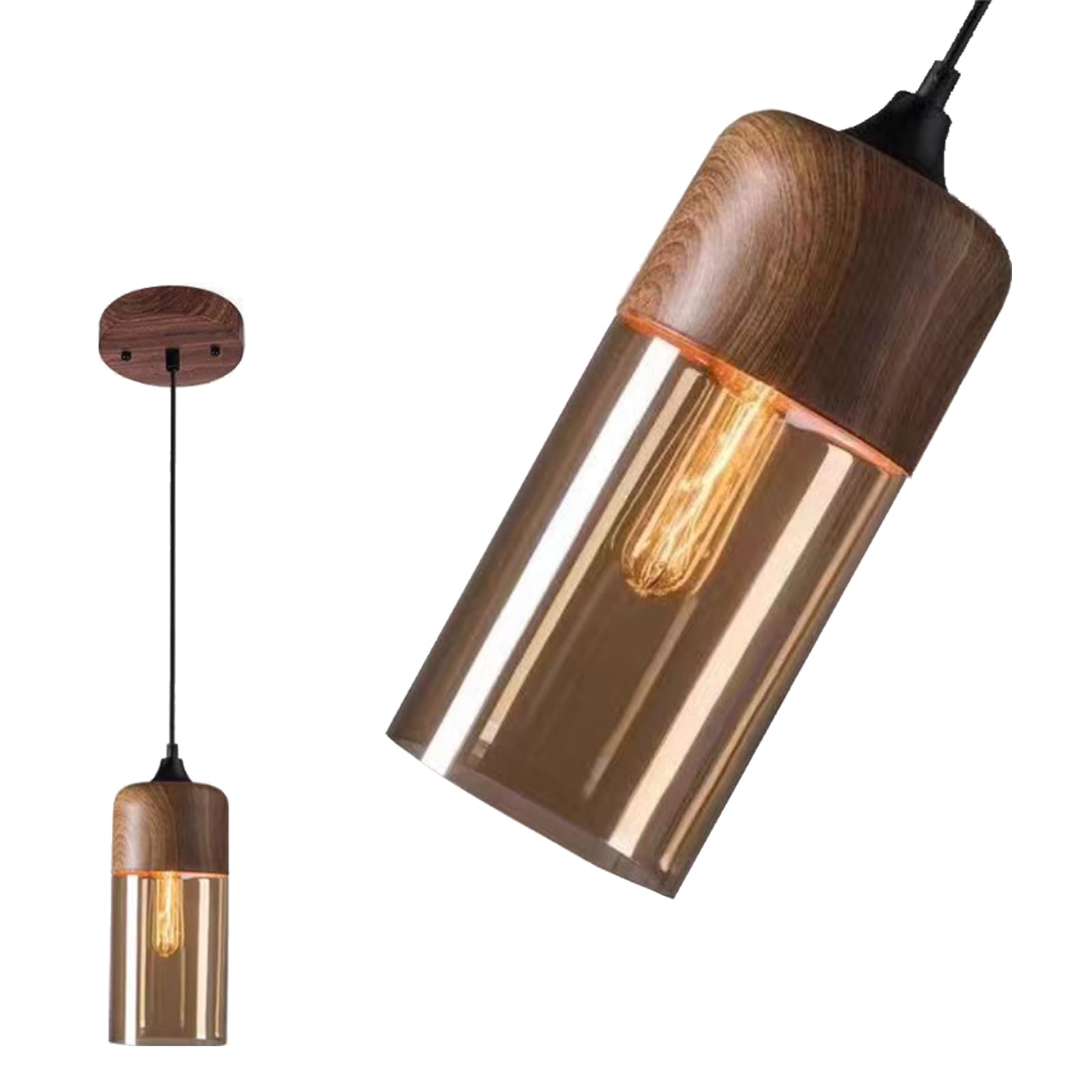 NHPJFDC Modern Pendant Light,Retro Industry Glass Pendant Light,Metal Wood Grain Finish Pendant Lighting,Kitchen Island Pendant Lighting, Amber Glass Shade Ceiling Light Fixture,Brown,12.7cm/5in
