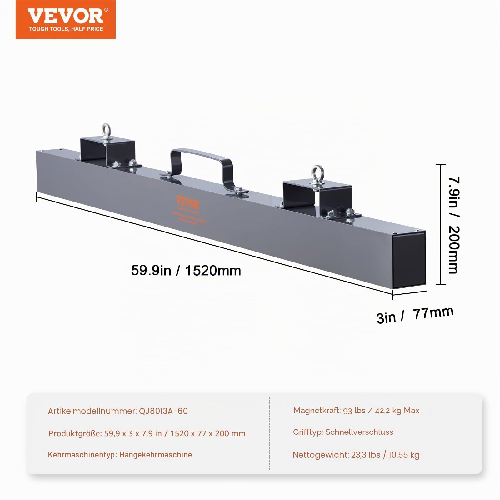 VEVOR Magnetbesen Magnetische Kehrmaschine 1520 mm, Magnetic Sweeper Magnetisch Magnet Besen Magnetbesen Magnetheber 42,2 kg Magnetkraft Magnetischer Spänesammler Bodenkehrer Kehrmaschine
