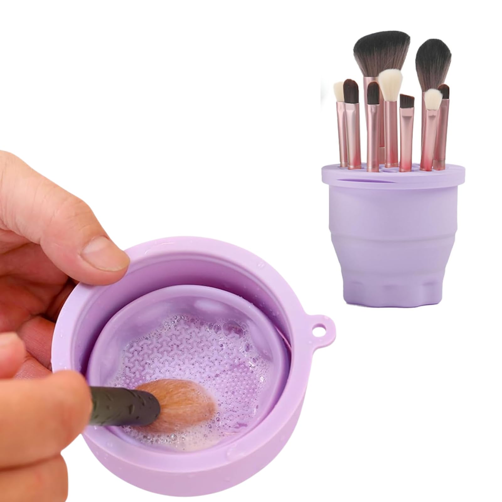 3-IN-1 Silicone Makeup Brush Cleaner & Holder - Portable Folding Washing Tool,Travel-Friendly Brush Cleaner Mat for Brushes,Sponge,Powder Puff - Cosmetic Brush Cleaning & Drying Organizer-Purple