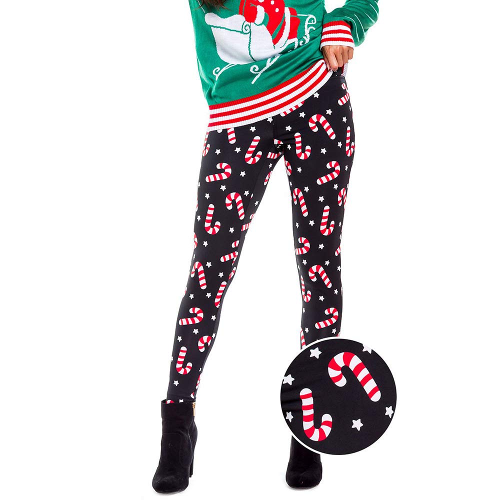 DIVISTAR Christmas Leggings Candy Canes Sport Women Fitness Casual Christmas Print High Waist Sports Gym Leggings Women Trousers - S - 1pc