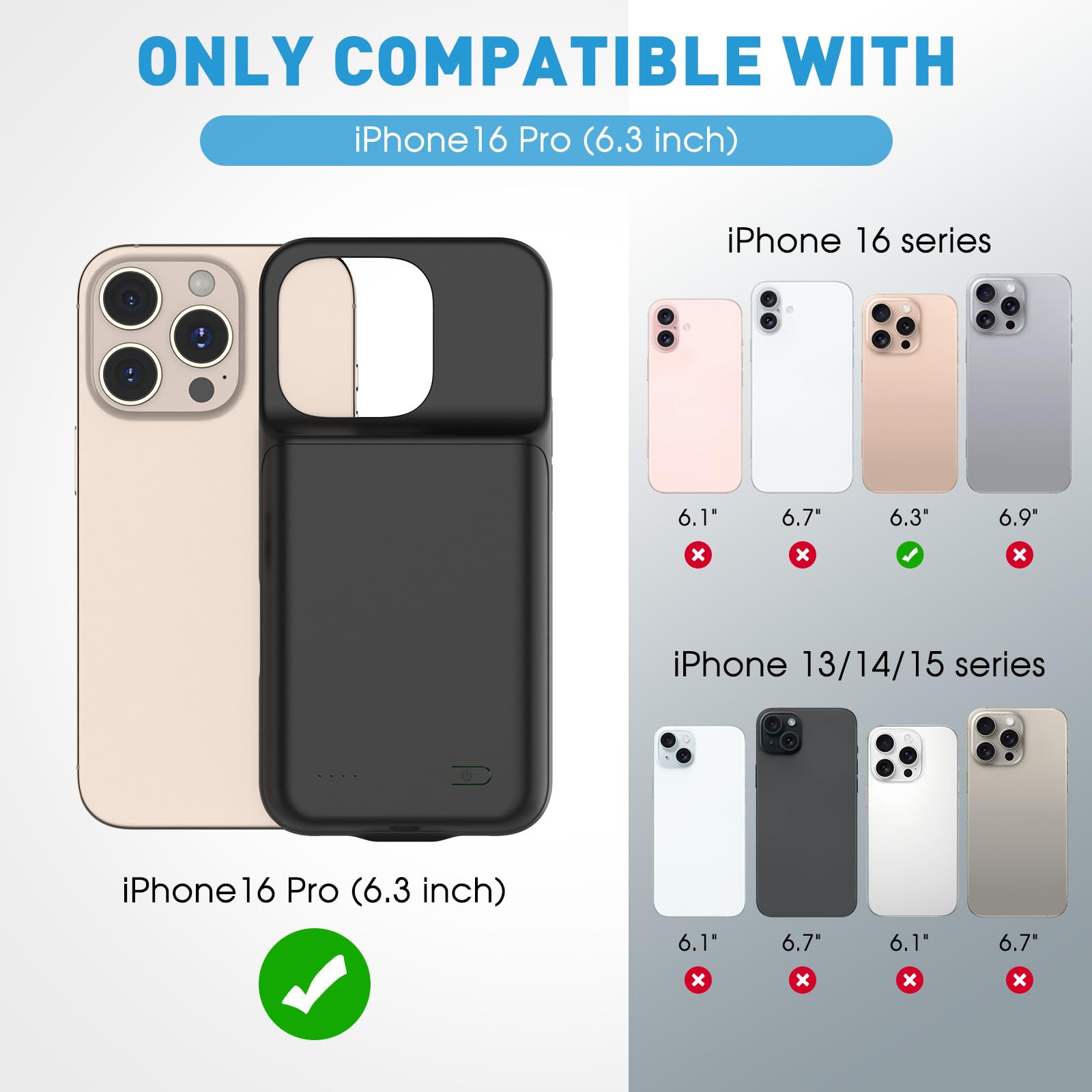 2025 New Upgraded 7000 mAh Travel Battery Case for iPhone 16Pro 6.3inch, Extra Battery Life 15W Fast Charging External Rechargeable Portable Charging Case with HD Tempered Protective Film