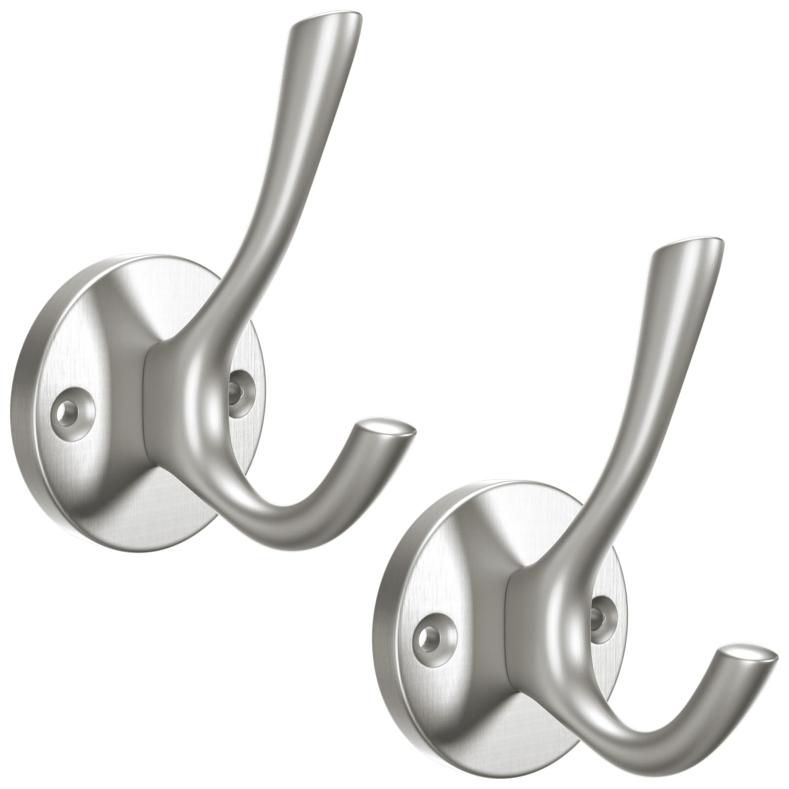 Yundoza 2 Pack Bathroom Towel Hooks, Screw in Door Hooks for Hanging Coat Robe Keys Clothes Bags(Brushed Silver Nickel)