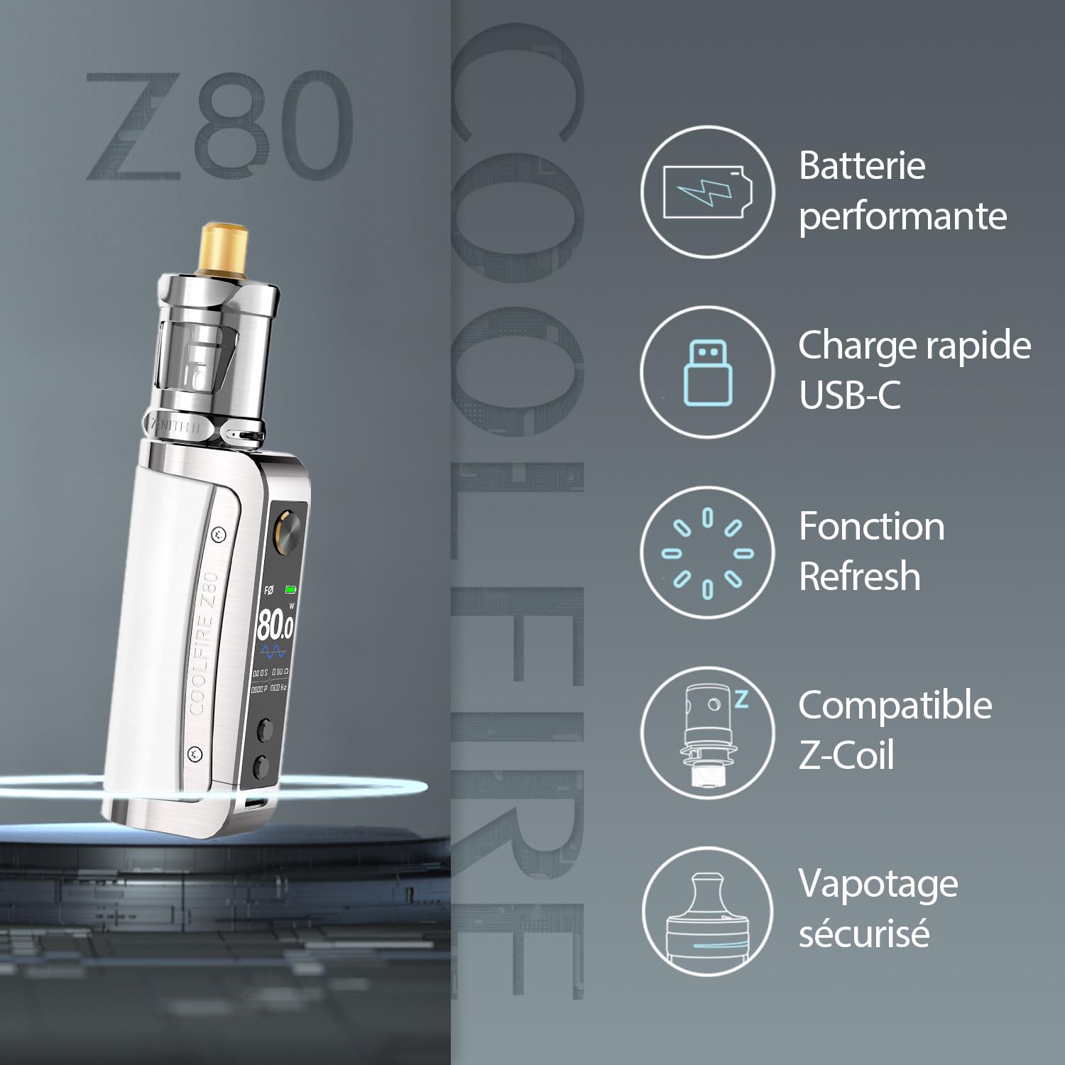 INNOKIN - Coolfire Z80 - Box Pour Cigarette Electronique - Puissance 6-80W  - Rechargement 1,7A - Pas De Vis 510 - Sans Clearomiseur - Sans Nicotine Ni  Tabac - USB-C - Alliage Zinc + Cuir