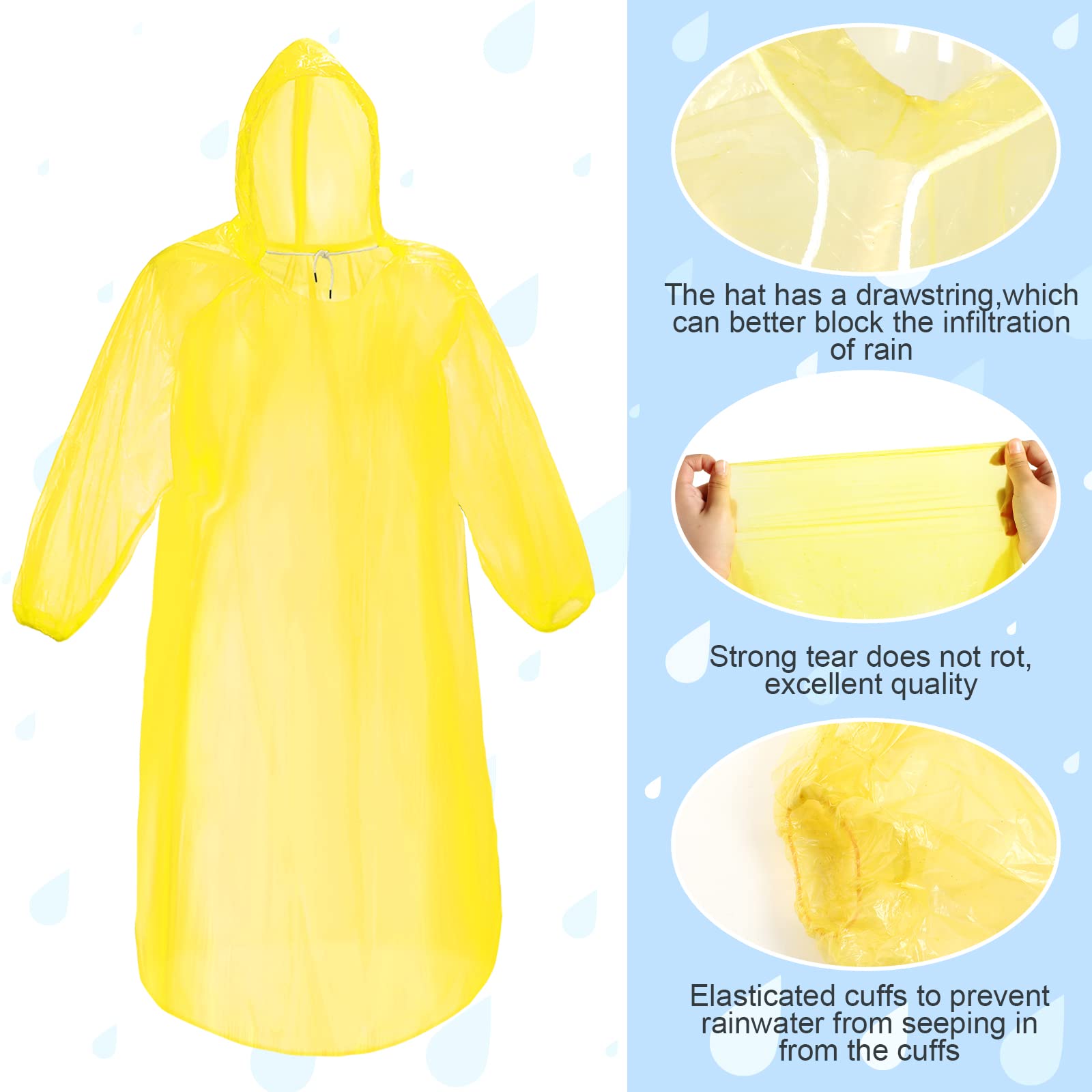 JaGely 76 Pack Ponchos Family Pack Rain Poncho Emergency Disposable Raincoat Bulk with Drawstring Hood for Adults Kids Men Women Toddlers, 5 Colors, Red, Yellow, Blue, Purple and Clear