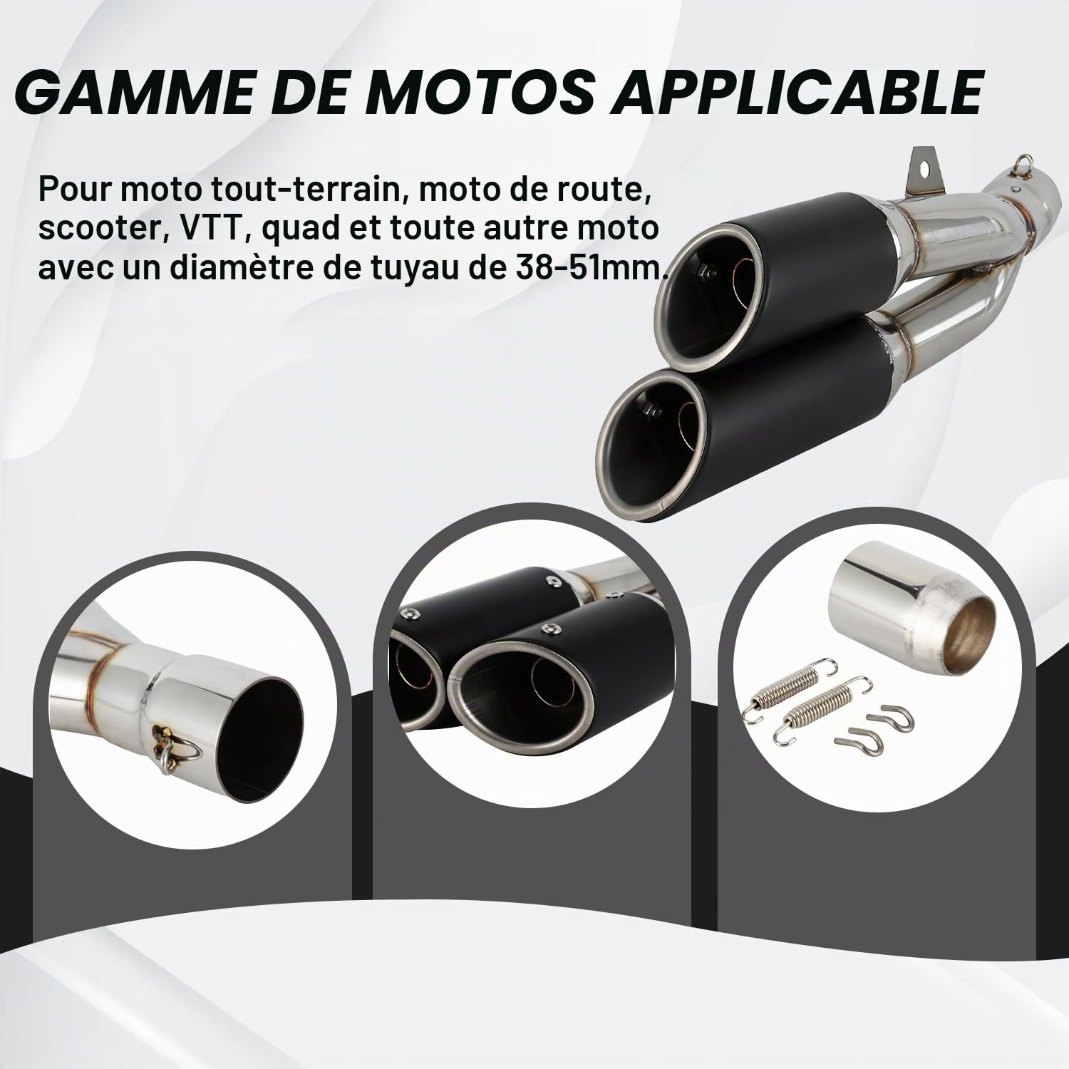 1,5-2" Double Echappement Moto,pour Motocross Moto de Rue scooter ATV Quad | Entrée Thunder Tail Double d'échappement Slip-on à Enfiler