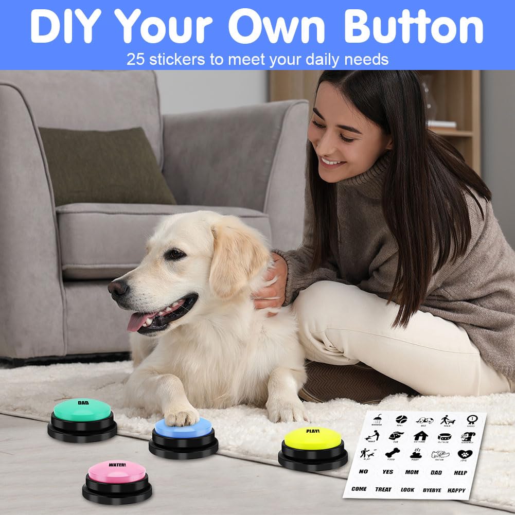 Pulsanti per Cani, 4 Pezzi Pulsante per l'addestramento del Cane, Set di Bottoni per Cani con Adesivi, Registrazione e Riproduzione di 30 Secondi, Tappetino in Gomma per Cani Animali Domestici