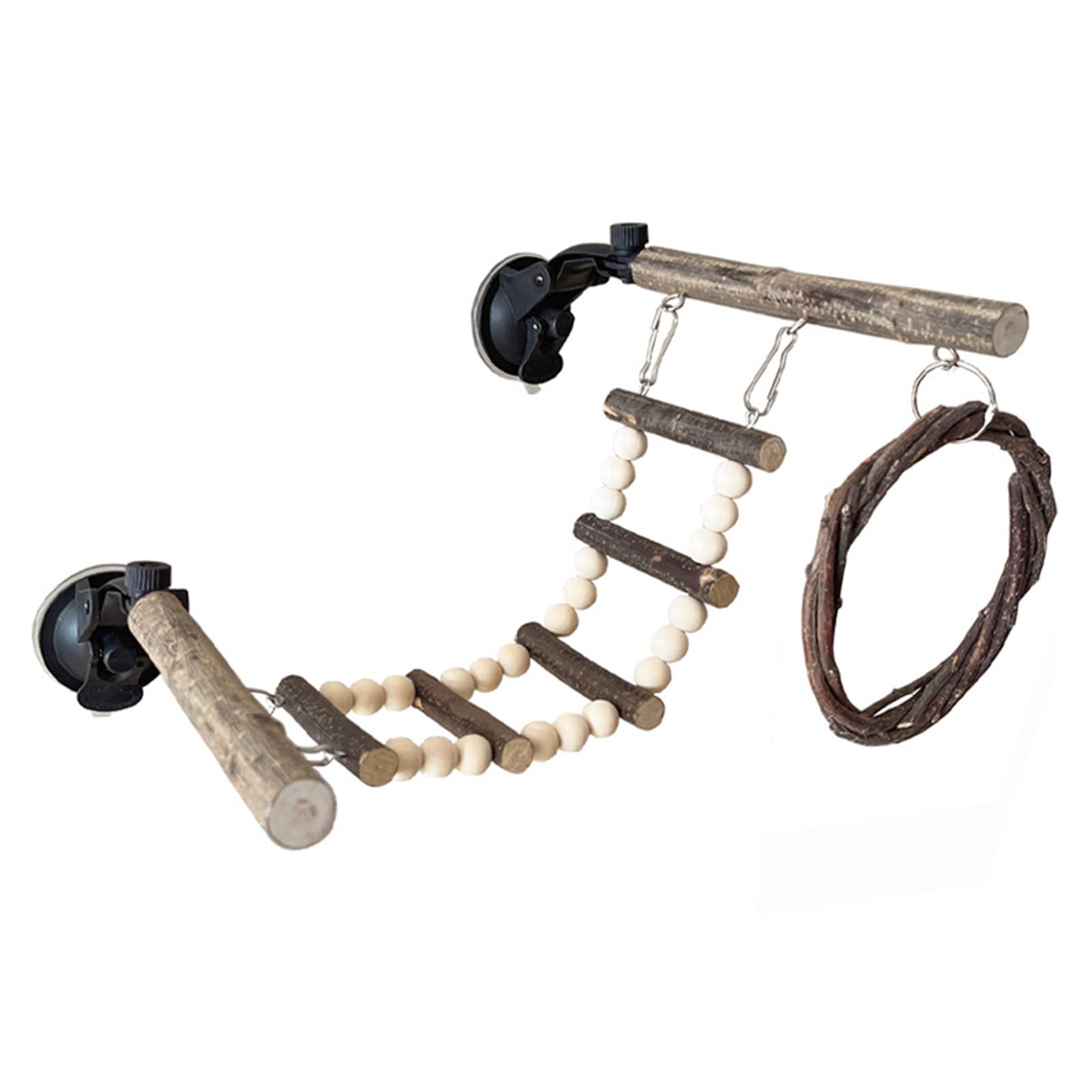 Perchoir à Oiseaux pour fenêtre – Support d'entraînement à Ventouse réglable en Bois avec balançoire et échelle | Support à Ventouse Oiseaux, pour l'exercice, l'escalade, Le Jeu interactif, Jouet