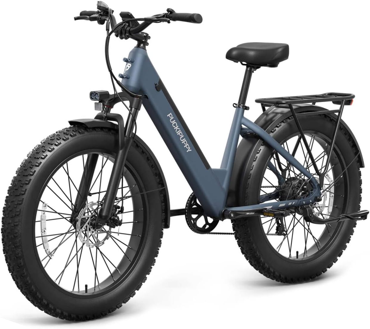 PUCKIPUPPY Electric Bike for Adults 960W Peak, 48V 15AH Removable Battery Electric Bicycle, 28MPH Commuter E-Bike, 7 Speed, Up to 60 Miles,All Terrain 26" Fat Tire Front Suspension, Samoyed