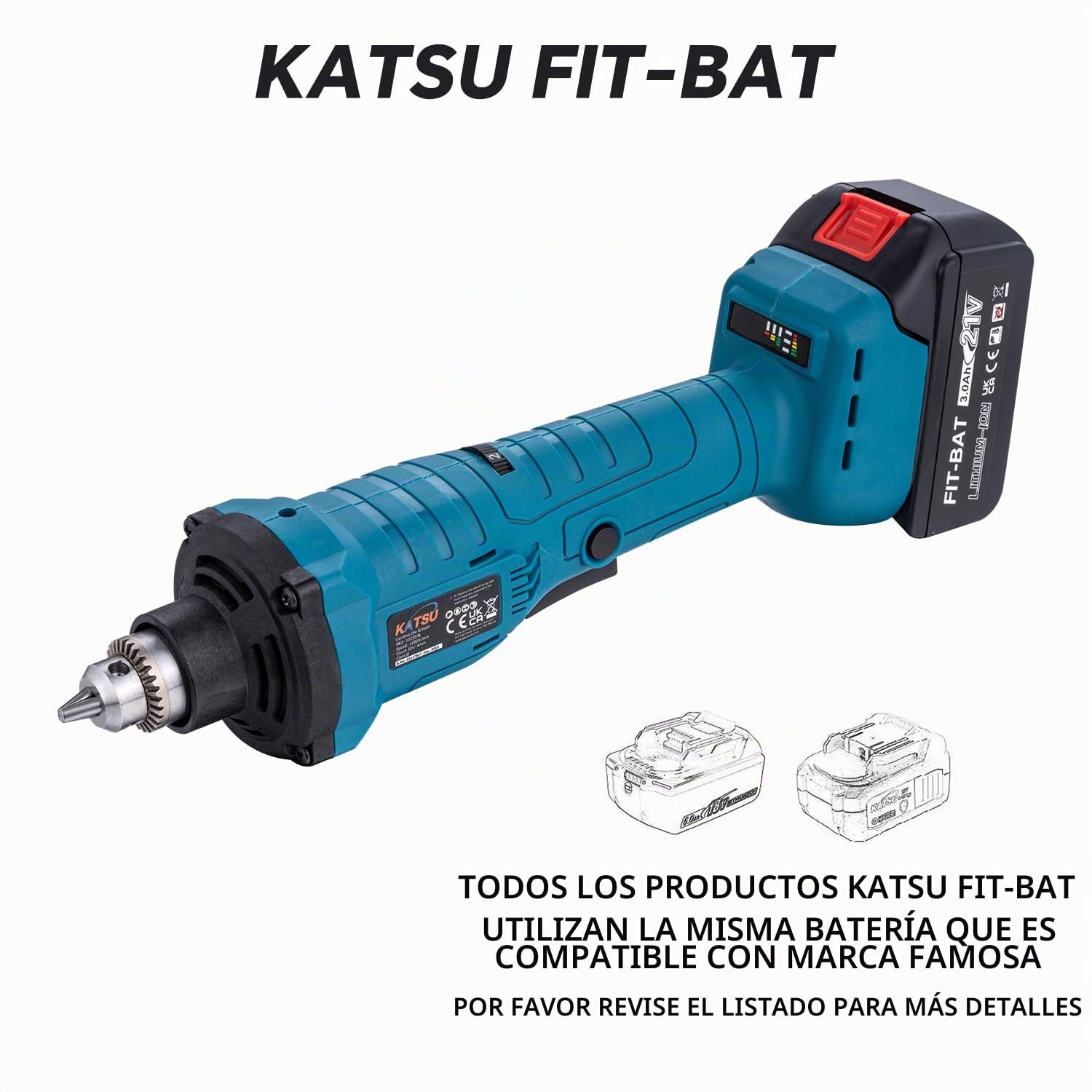 KATSU FIT-BAT 21V Amoladora Recta a Batería Brushless sin Escobillas con 3,0 Ah Batería y Cargador, 6mm Portafresas y 6 Velocidades Variables, en Caja