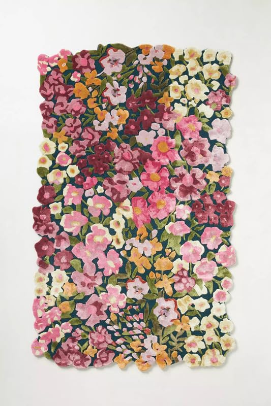 Hand-Tufted Wool and Silk Floral Rug, Multi-Color Flower Design with Soft Pink, Red, Yellow, and Green, Luxurious Texture, Living Room Area Rug, Customizable, 120x180 cm / 4'x6'