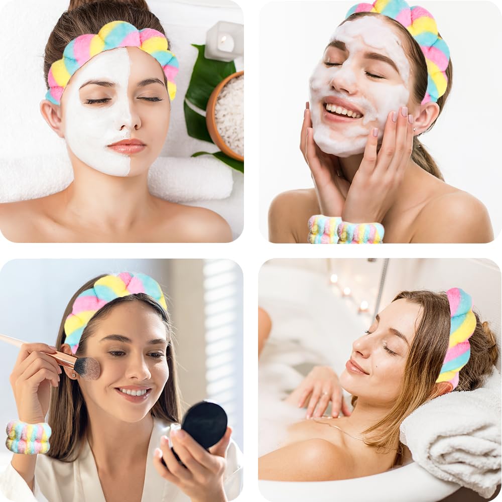 Opaski spa do mycia twarzy opaska na nadgarstek zestaw gąbka makijaż pielęgnacja skóry opaska na nadgarstek ręczniki bąbelkowe miękki ręcznik frotte tkanina opaska do włosów dla kobiet bufiaste