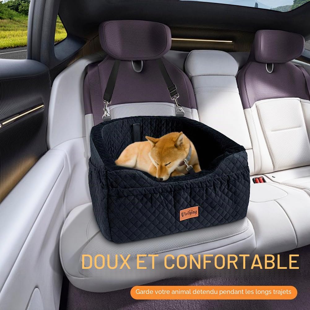 Vivifying Siège Auto pour Petit Chien, rehausseur Amovible et Lavable pour Animaux jusqu'à 11,3 kg - Lit de Voyage avec Compartiments de Rangement et Ceinture de sécurité (Noir)