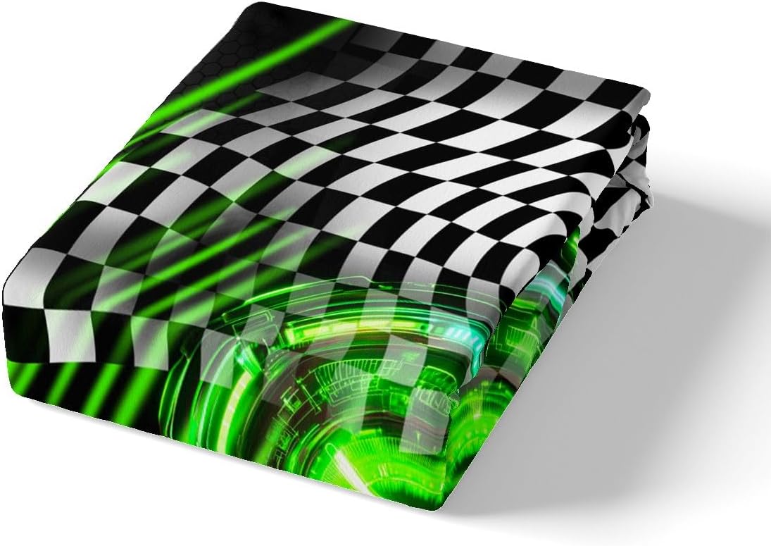 Feelyou Kids Green Racing Car Fitted Sheet Queen Size, Extreme Sports Bed Sheet Set Boys Girls Karting Road Bedding Set Teens Bedroom Decor 3Pcs (No TOP Sheet)