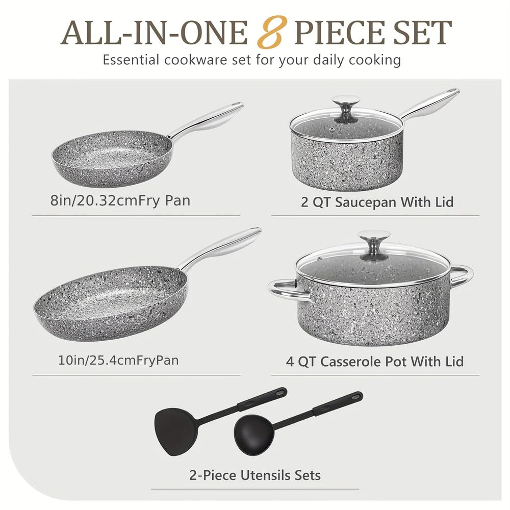 8-częściowy zestaw garnków i patelni, naczynia kuchenne z powłoką granitową, aby uzyskać efekt Super Nonstick, niezbędne kamienne przybory kuchenne Cookwa, szary granit 8, sztuka, jeden