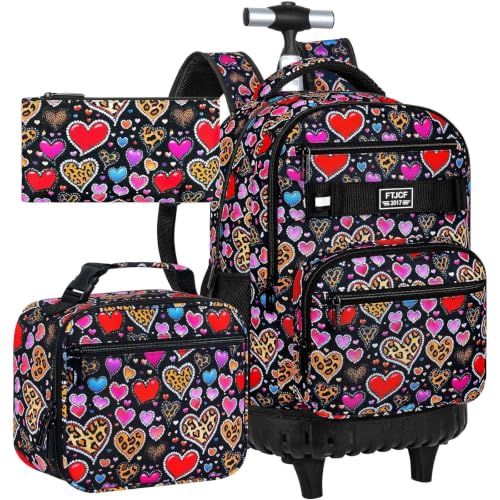 Image of 3Pcs Rolling Backpack for Girls, 19 Inche Women Roller Bag with Wheels for Adults, Wheeled Bookbag with Lunch Box(Brown)