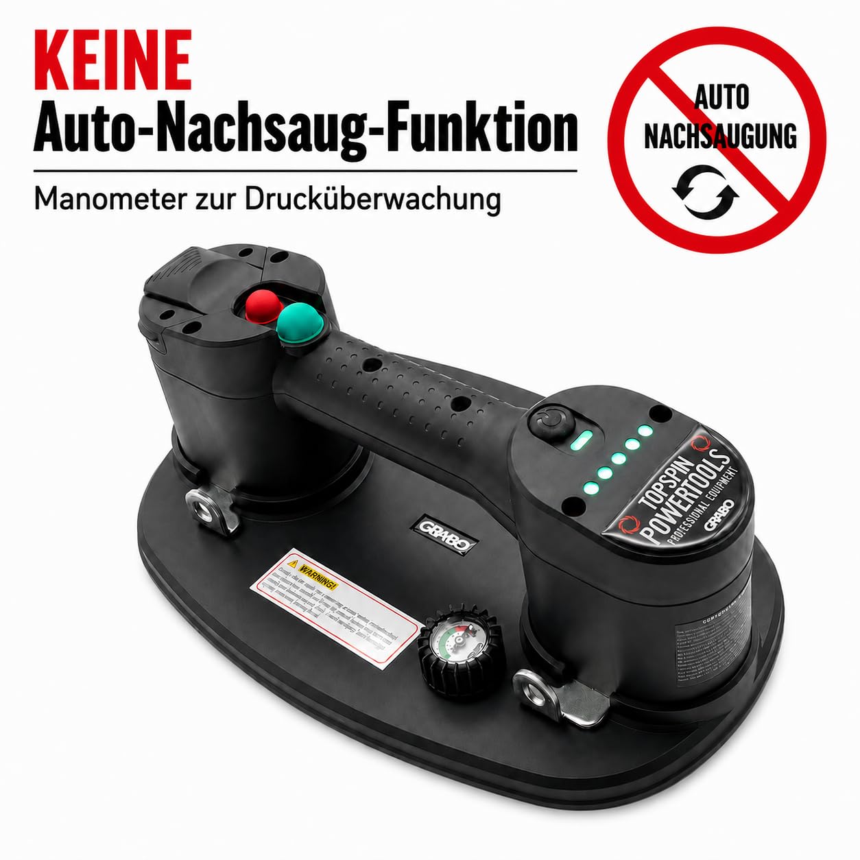 NEMO GRABO Plus V2-Neue Version des Akku Vakuum Saugheber, Maximale Hebekapazität 120 kg, Neues ergonomisches Design, Dauerhaftes Saugen, Inklusive Manometer in Textiltragetasche. Kein Auto-Nachsaugen